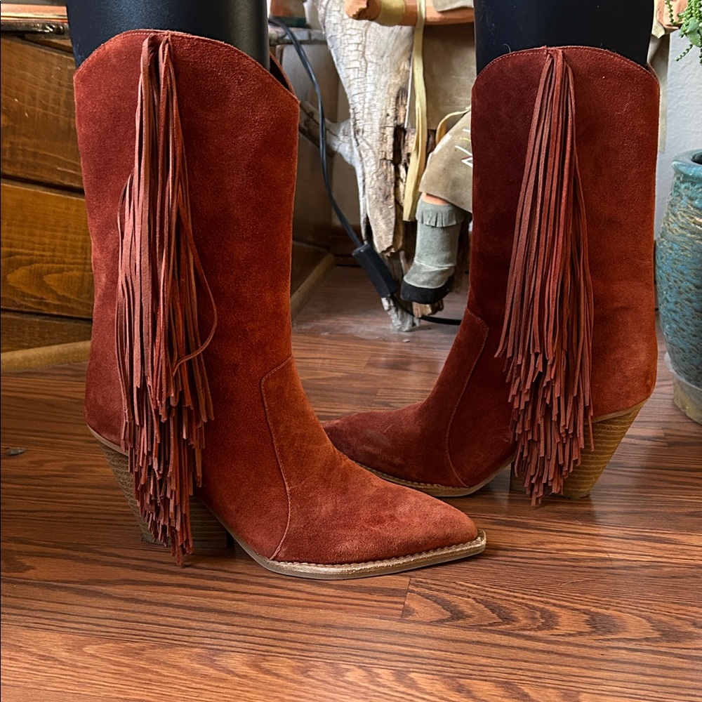 Jeffrey Campbell Rust Fringe Suede Boots